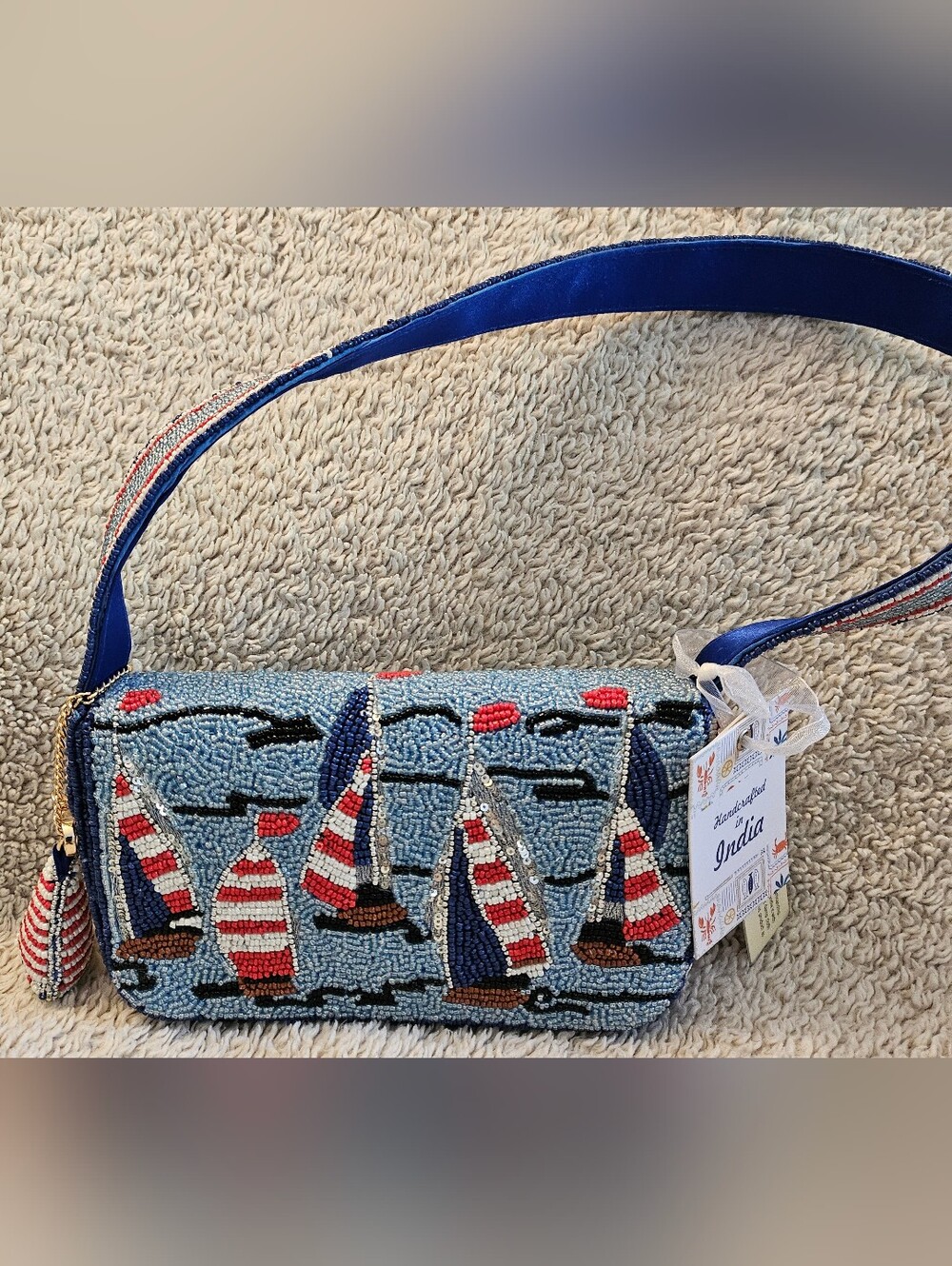 NWT Viral Beaded Sailboat Shoulder Bag in Red,White, & Blue Handcrafted In India